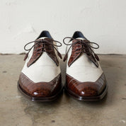 Men's Brown and Off-White Cap-Toe Crocodile-Embossed Leather Spectator Derby Shoes — Birkdale — Birkdale