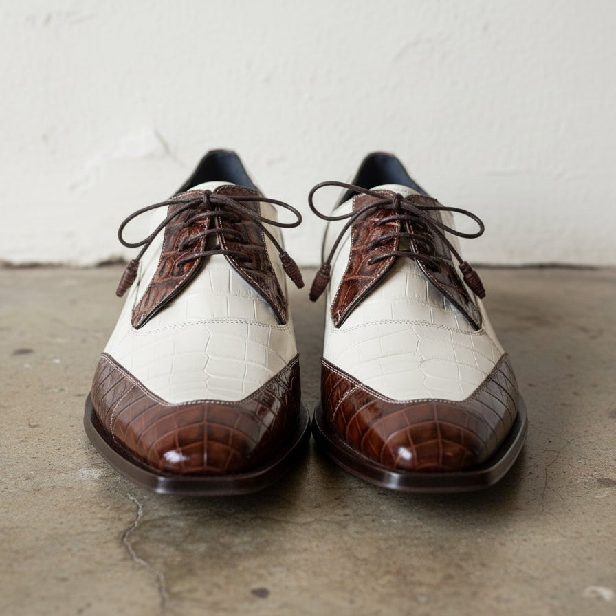 Men's Brown and Off-White Cap-Toe Crocodile-Embossed Leather Spectator Derby Shoes — Birkdale — Birkdale