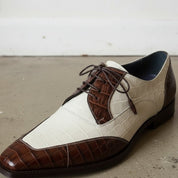 Men's Brown and Off-White Cap-Toe Crocodile-Embossed Leather Spectator Derby Shoes — Birkdale — Birkdale