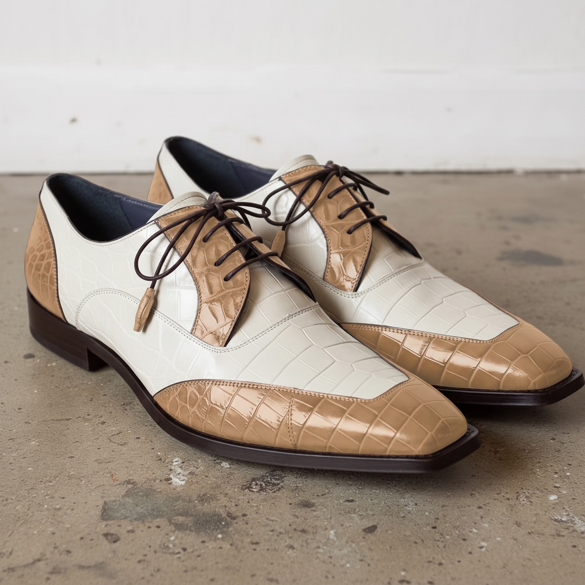 Men's Tan and Off-White Crocodile-Embossed Leather Spectator Derby Shoes — Birkdale