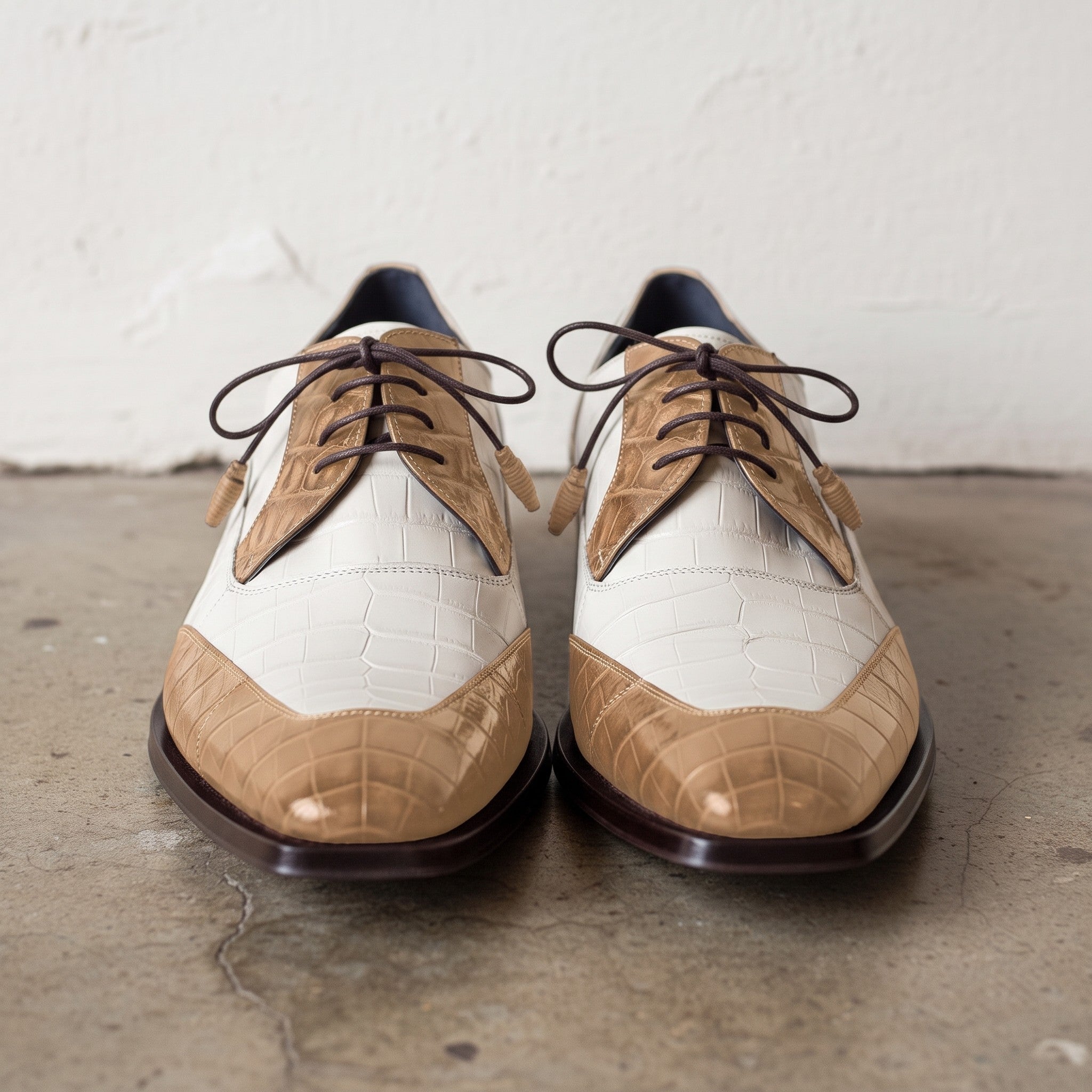 Men's Tan and Off-White Crocodile-Embossed Leather Spectator Derby Shoes — Birkdale