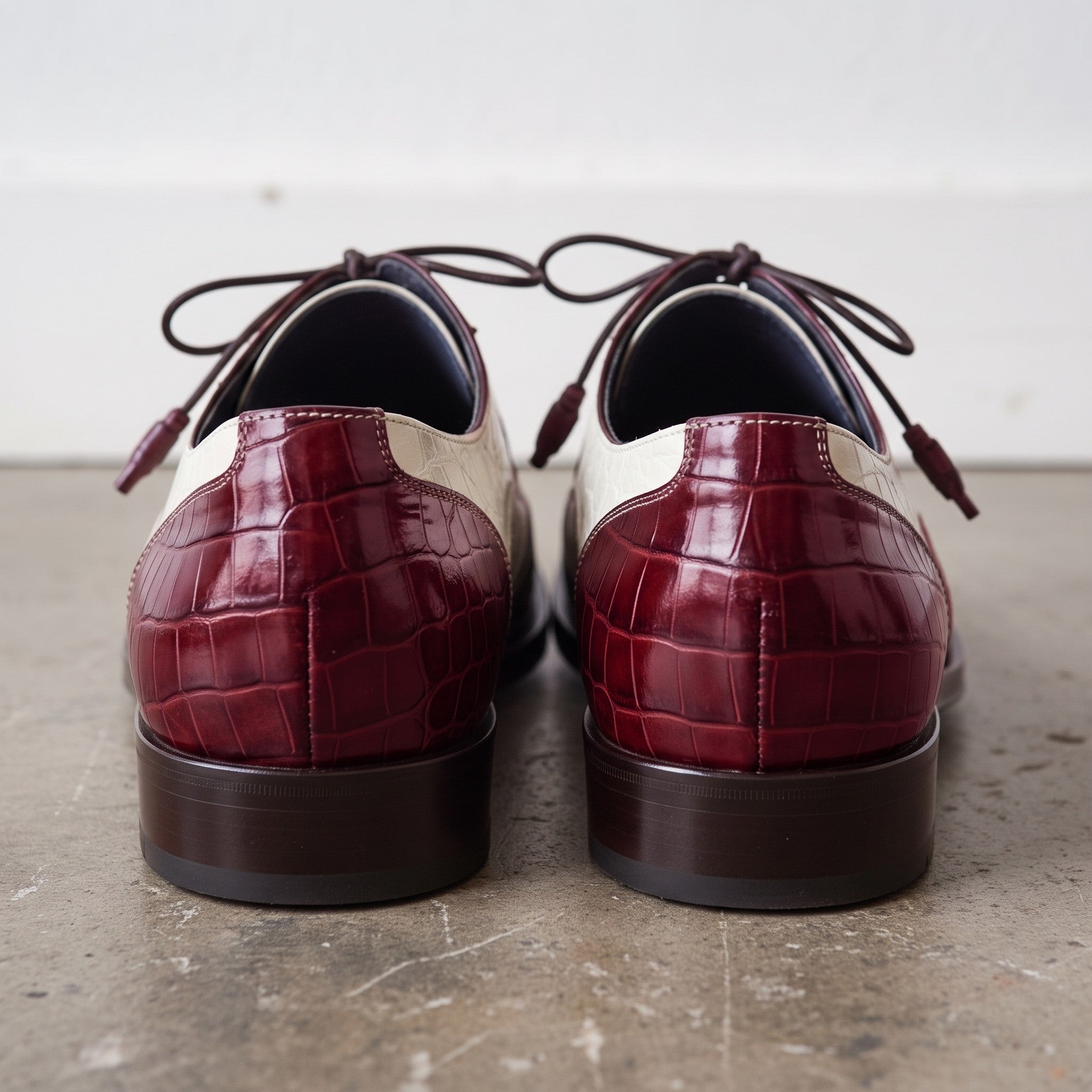 Men's Burgundy and Off-White Crocodile-Embossed Leather Spectator Derby Shoes — Birkdale