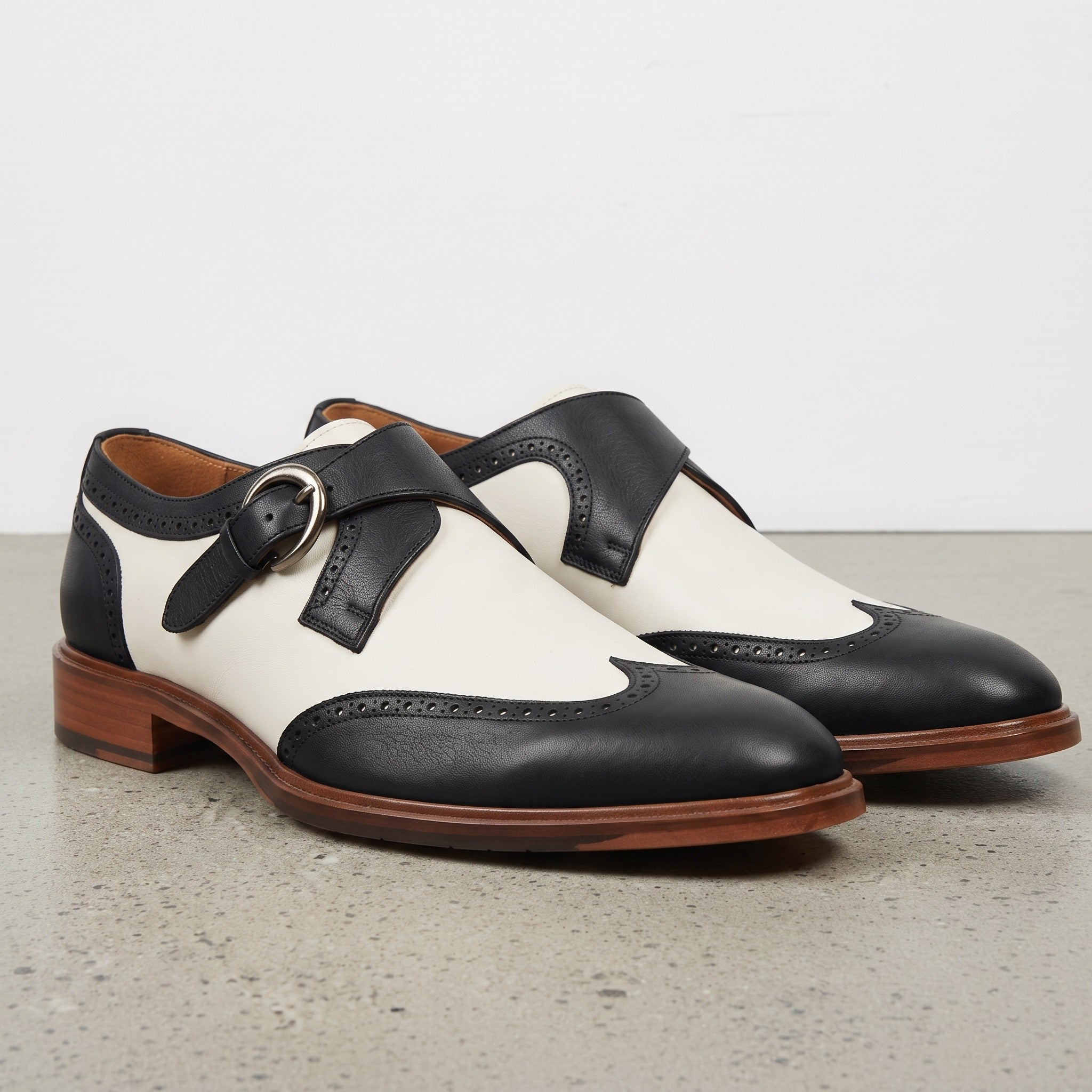 Men's White and Black Wingtip Leather Monk Strap Shoes — Clavering — Clavering