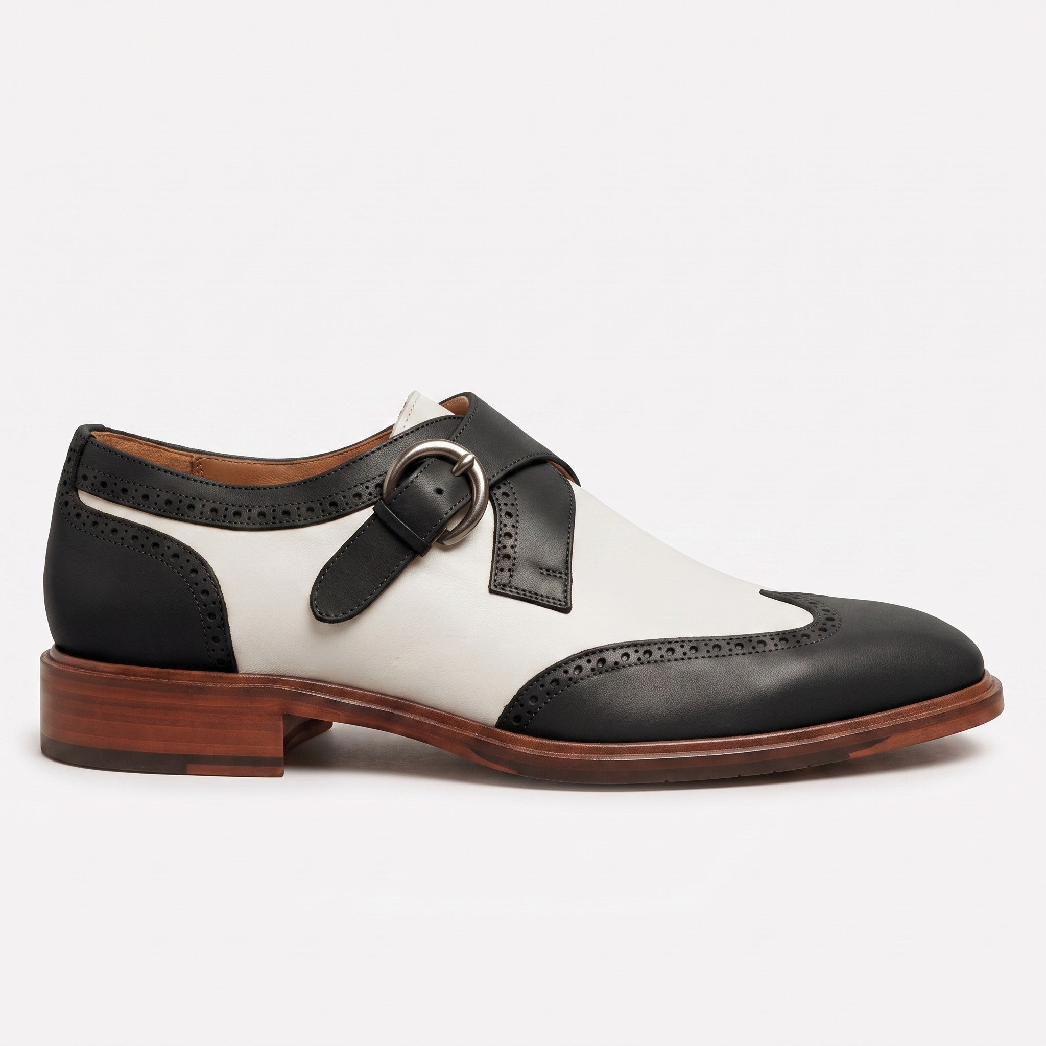 Men's White and Black Wingtip Leather Monk Strap Shoes — Clavering — Clavering