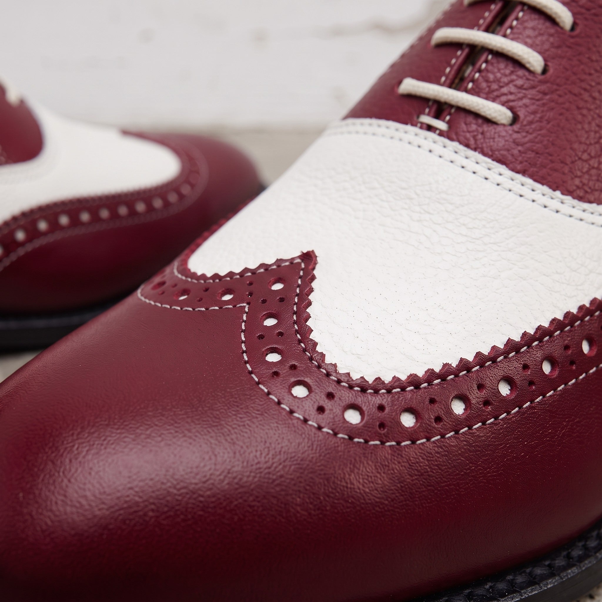 Men's Burgundy and White Wingtip Leather Oxfords — Bayford — Bayford
