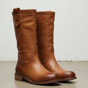 Women's Tan Round-Toe Leather Knee-High Western Boots — Beedon
