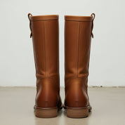 Women's Tan Round-Toe Leather Knee-High Western Boots — Beedon