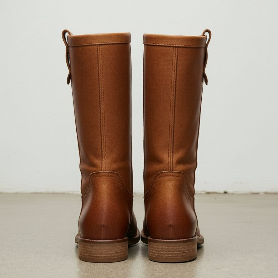 Women's Tan Round-Toe Leather Knee-High Western Boots — Beedon