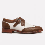 Men's White and Brown Wingtip Leather Monk Strap Shoes — Clavering
