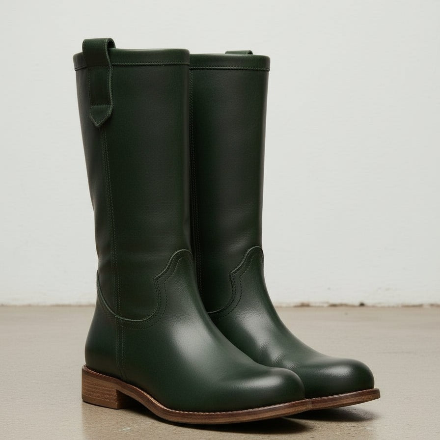 Women's Dark Green Round-Toe Leather Knee-High Western Boots — Bolden