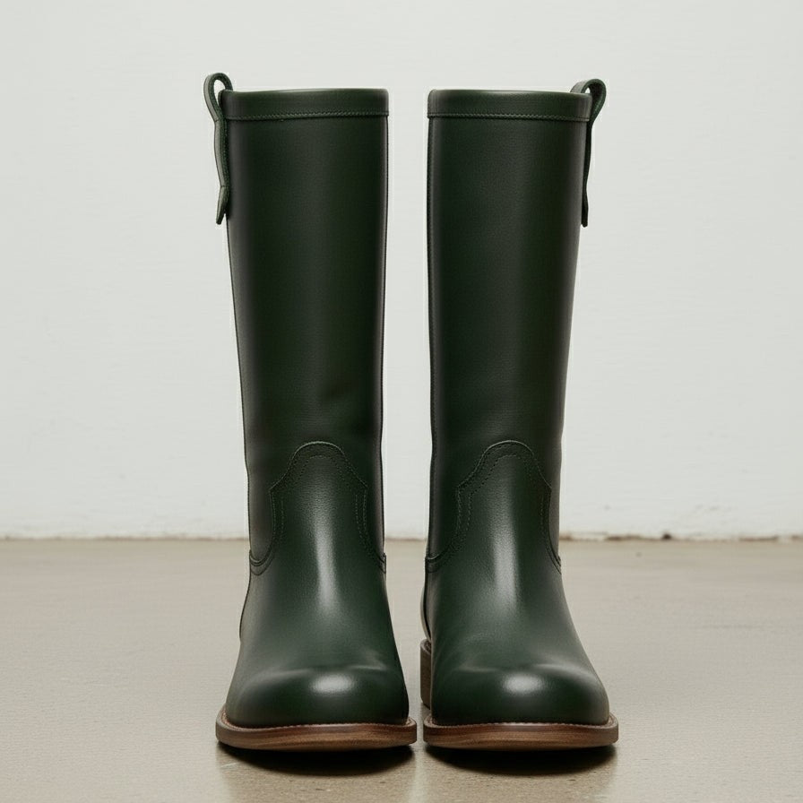 Women's Dark Green Round-Toe Leather Knee-High Western Boots — Bolden
