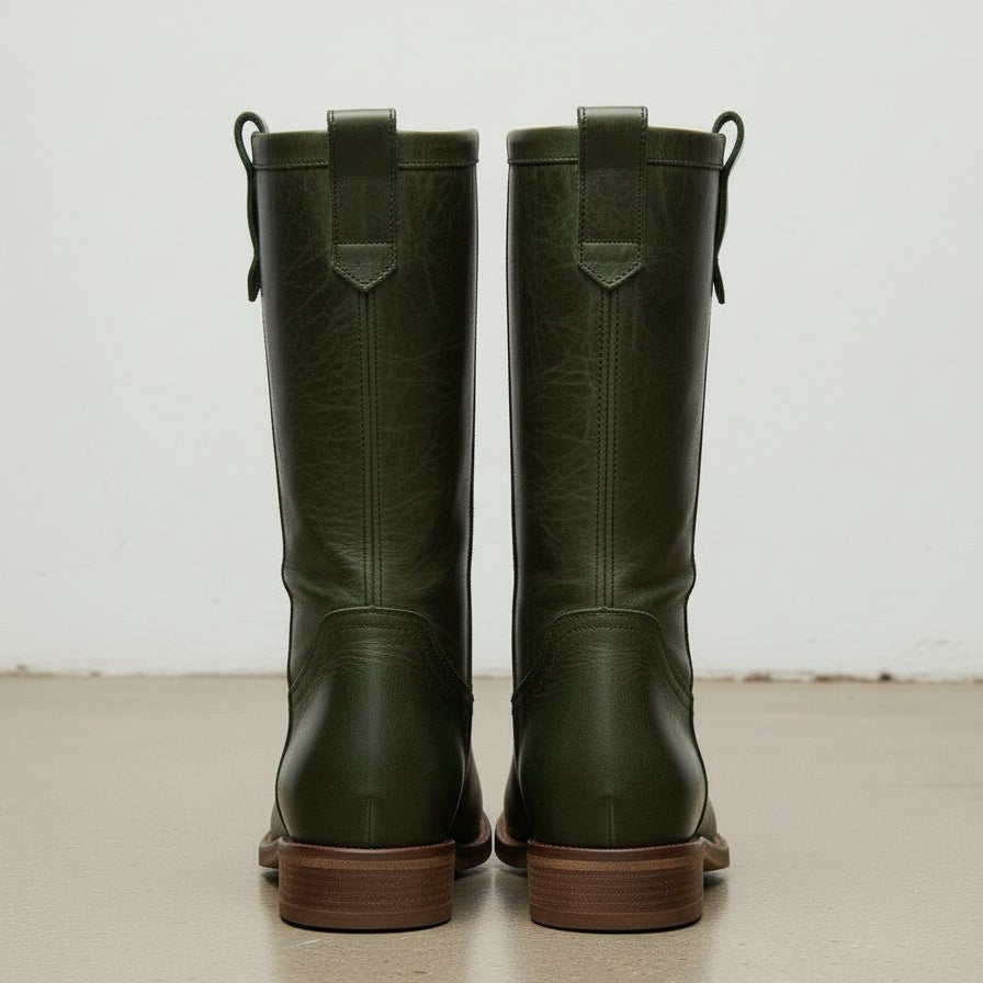 Women's Dark Green Round-Toe Leather Knee-High Western Boots — Bolden