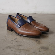 Men's Brown and Dark Blue Apron-Toe Leather Penny Loafers — Stapleton