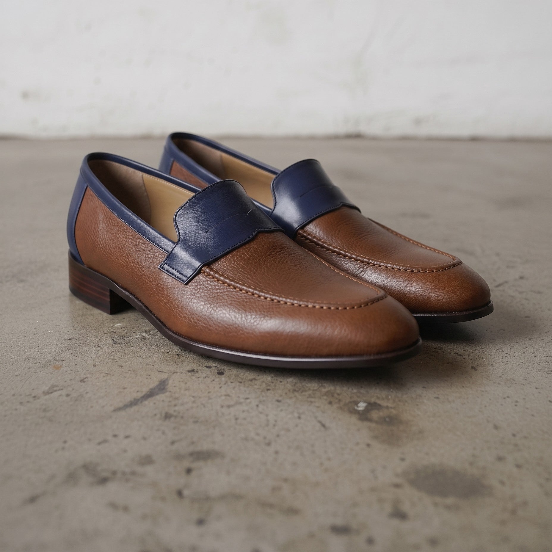 Men's Brown and Dark Blue Apron-Toe Leather Penny Loafers — Stapleton