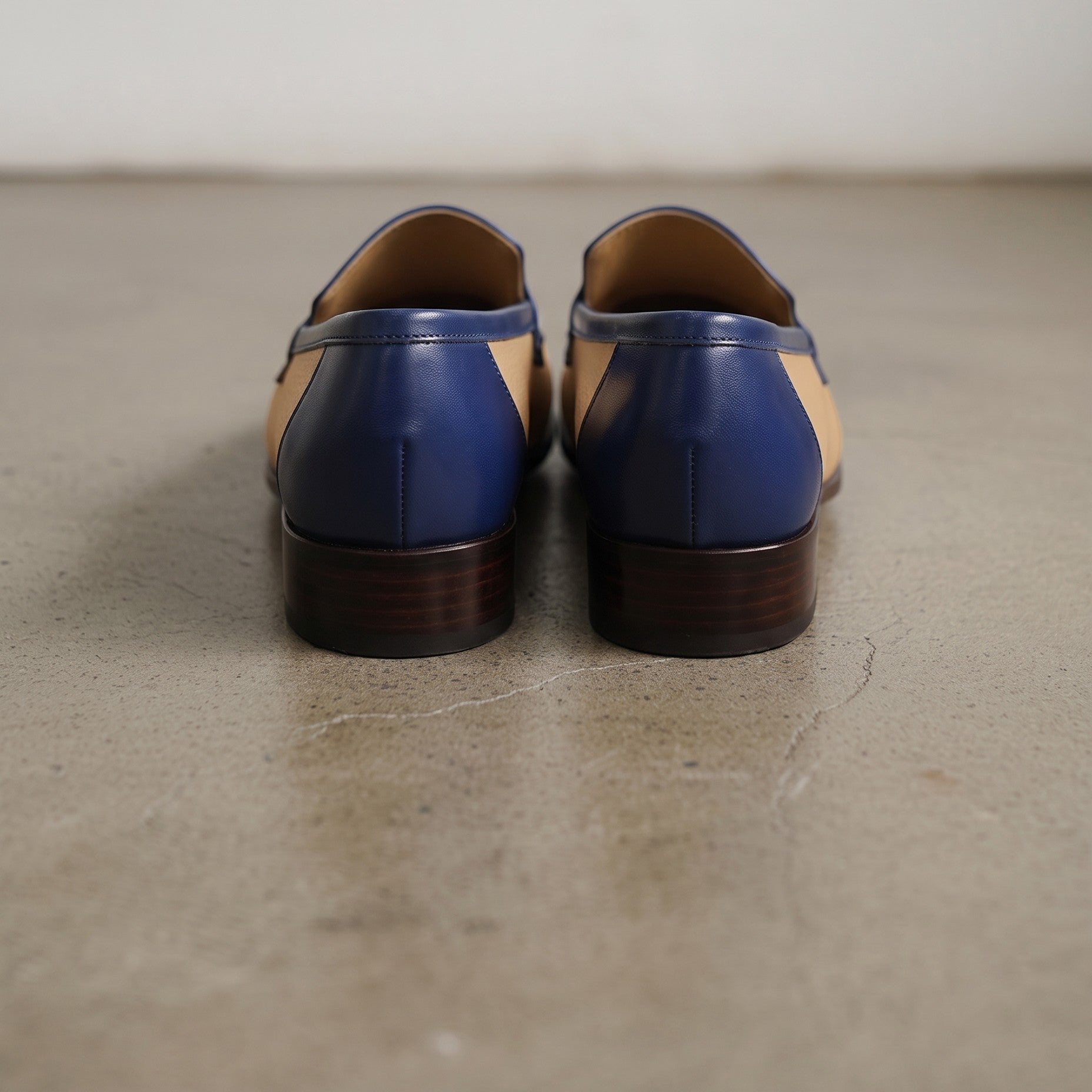 Men's Tan and Dark Blue Apron-Toe Leather Penny Loafers — Stapleton