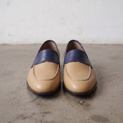 Men's Tan and Dark Blue Apron-Toe Leather Penny Loafers — Stapleton