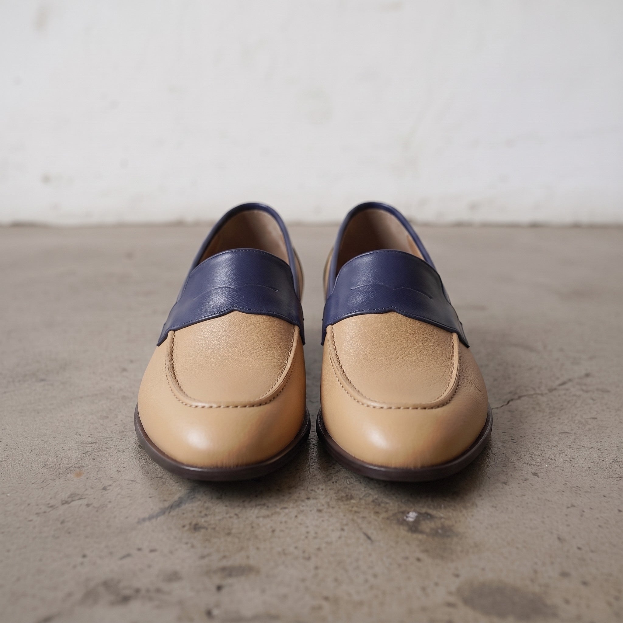 Men's Tan and Dark Blue Apron-Toe Leather Penny Loafers — Stapleton