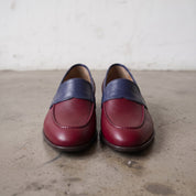 Men's Burgundy and Dark Blue Apron-Toe Leather Penny Loafers — Stapleton