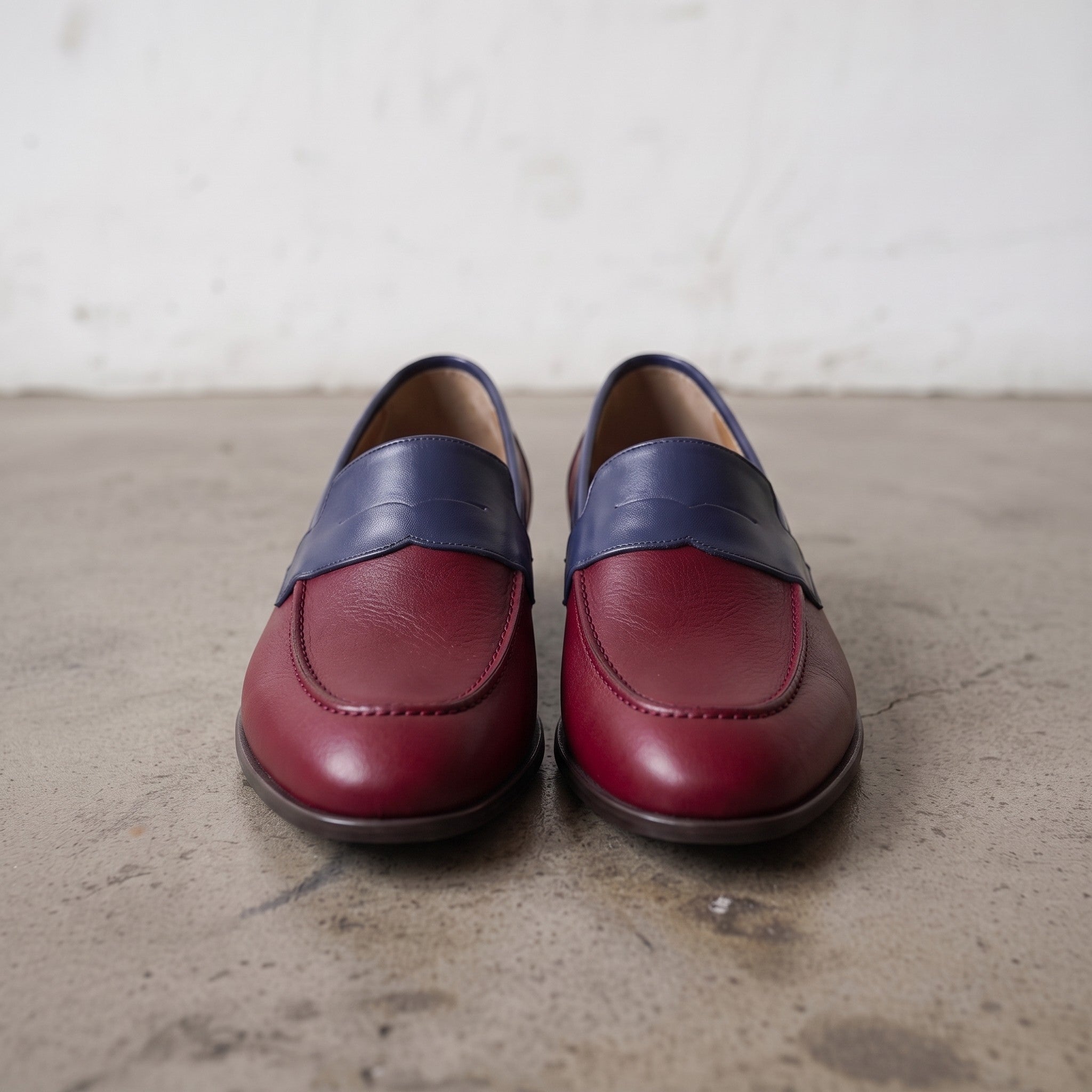 Men's Burgundy and Dark Blue Apron-Toe Leather Penny Loafers — Stapleton