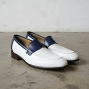 Men's White and Dark Blue Apron-Toe Leather Penny Loafers — Stapleton — Stapleton