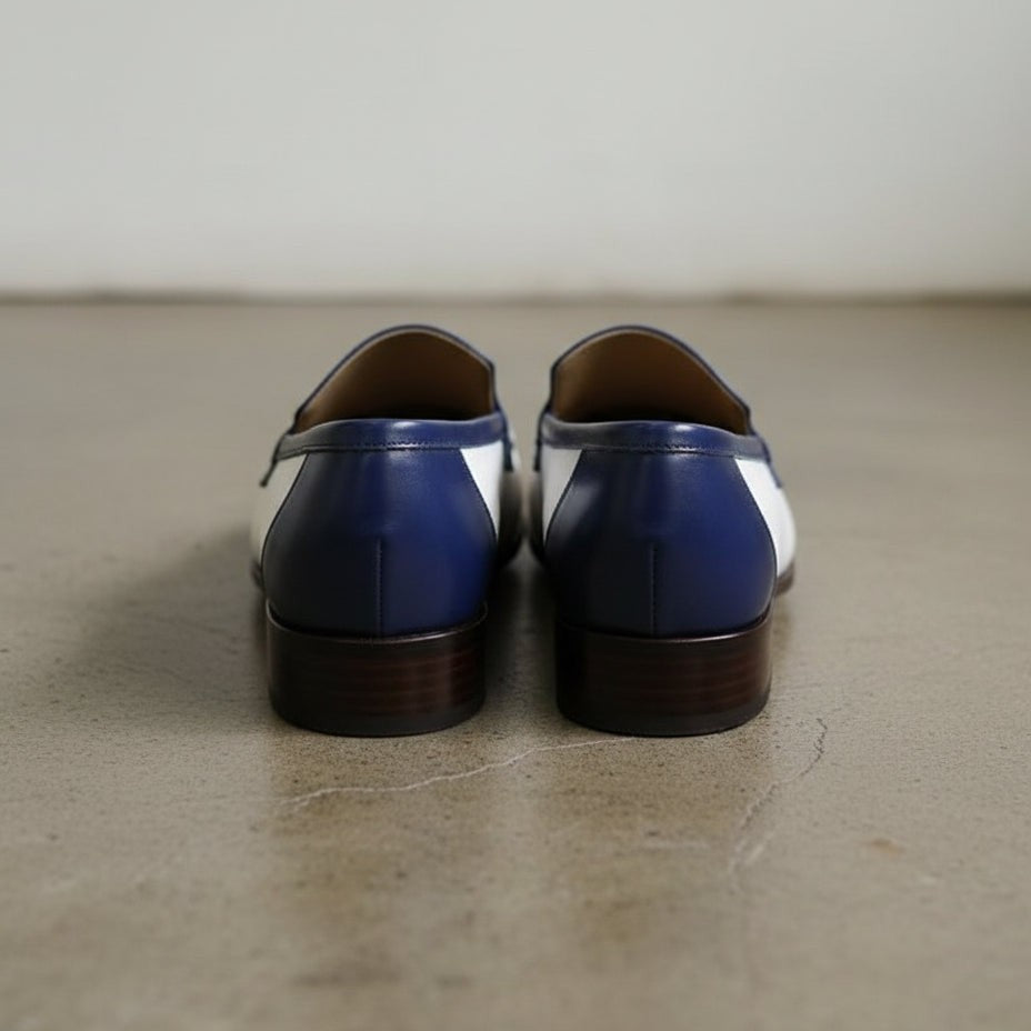 Men's White and Dark Blue Apron-Toe Leather Penny Loafers — Stapleton — Stapleton