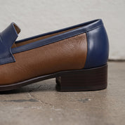 Men's Brown and Dark Blue Apron-Toe Leather Penny Loafers — Stapleton