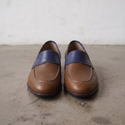 Men's Brown and Dark Blue Apron-Toe Leather Penny Loafers — Stapleton