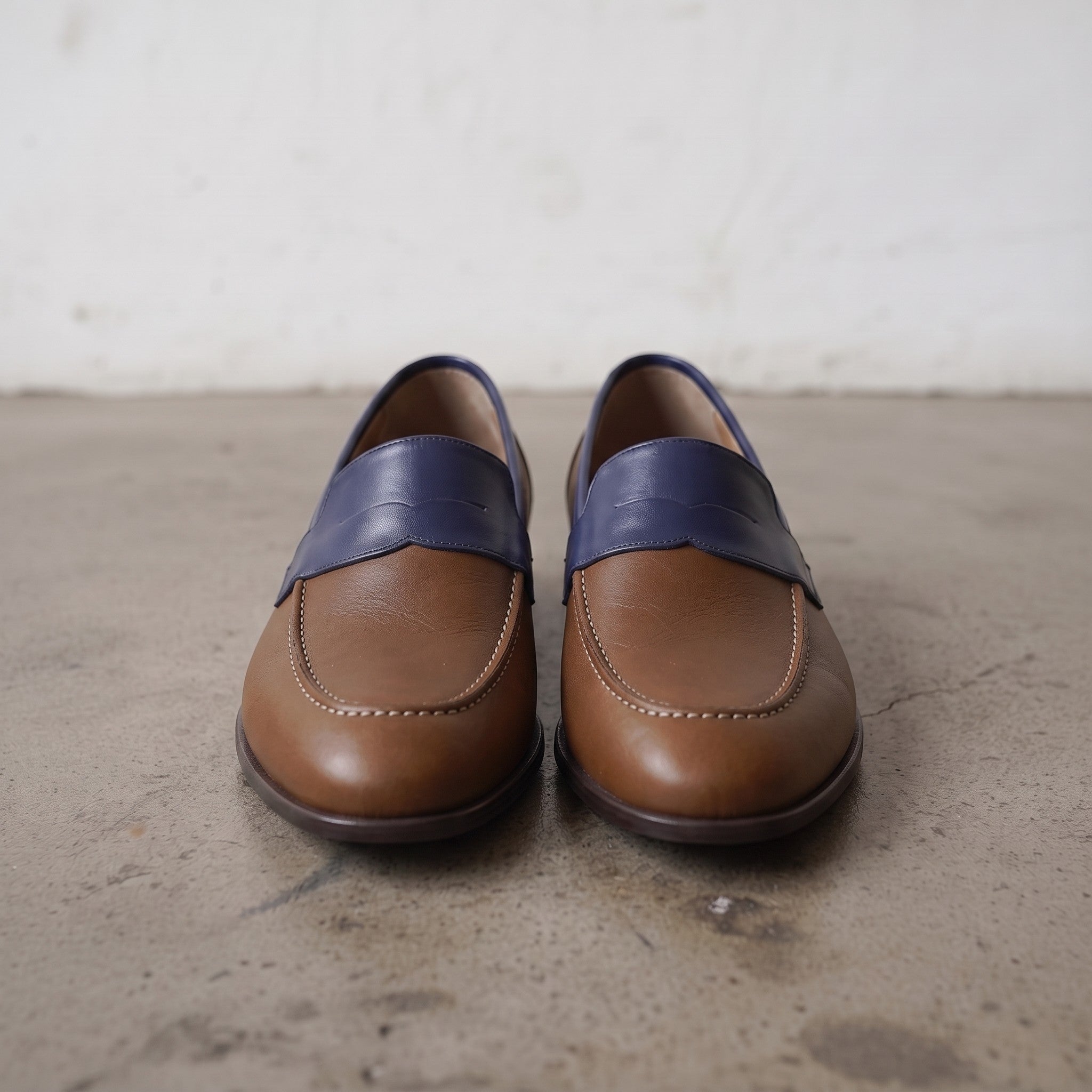 Men's Brown and Dark Blue Apron-Toe Leather Penny Loafers — Stapleton