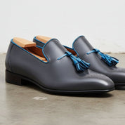 Men's Dark Grey and Blue Plain-Toe Leather Tassel Loafers — Wotton