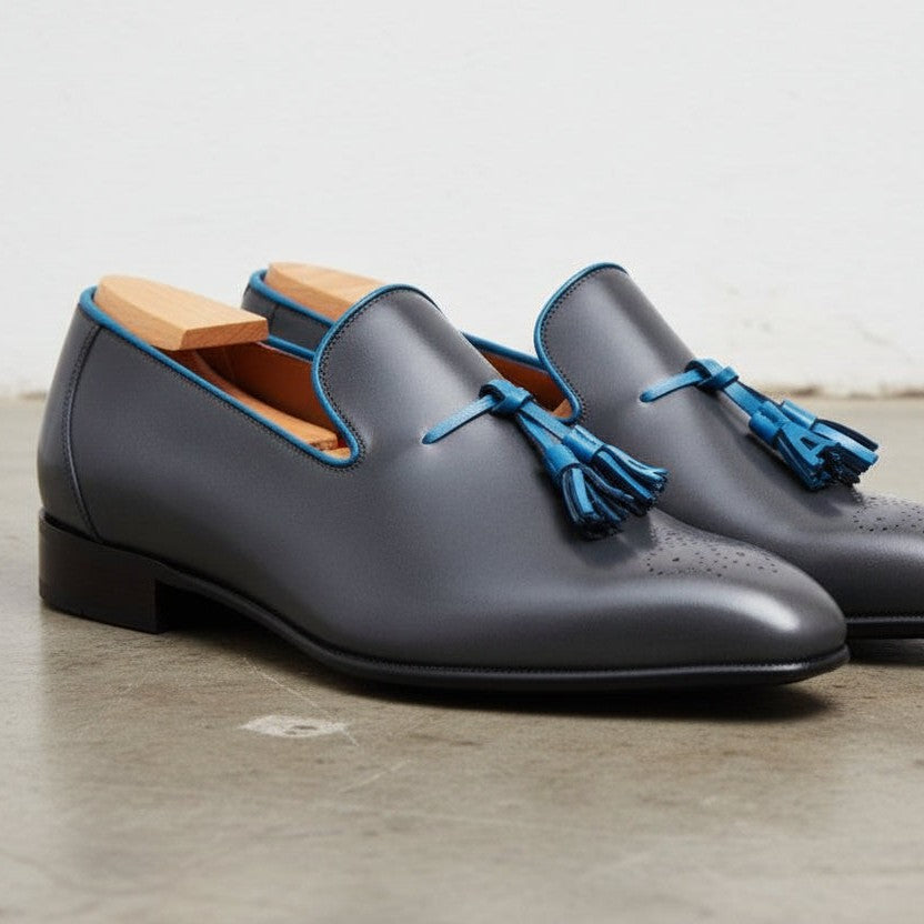 Men's Dark Grey and Blue Plain-Toe Leather Tassel Loafers — Wotton