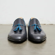 Men's Dark Grey and Blue Plain-Toe Leather Tassel Loafers — Wotton