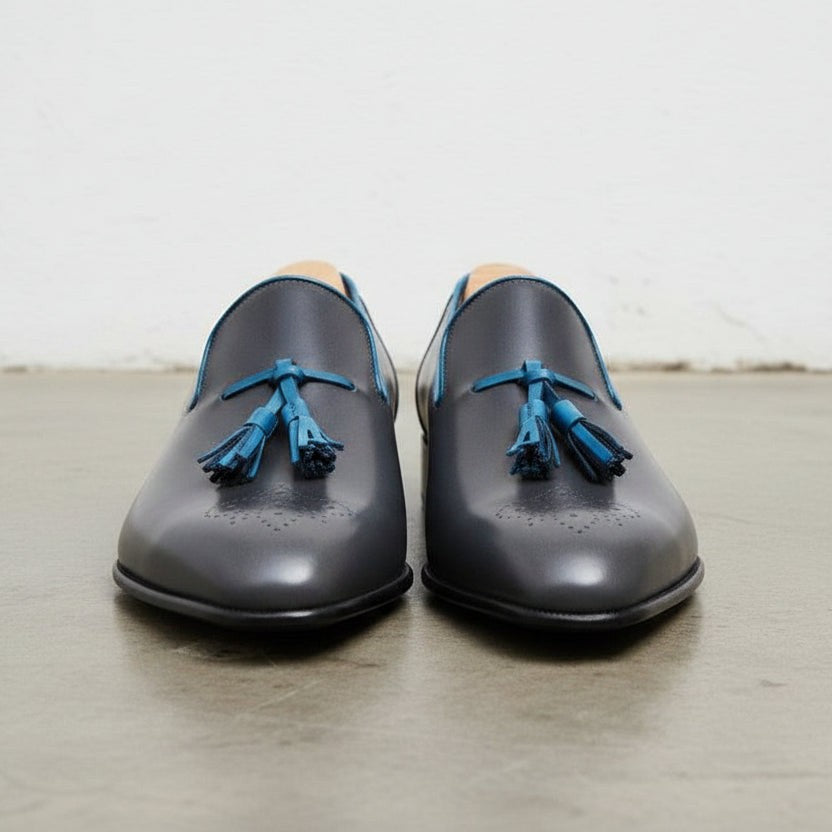 Men's Dark Grey and Blue Plain-Toe Leather Tassel Loafers — Wotton