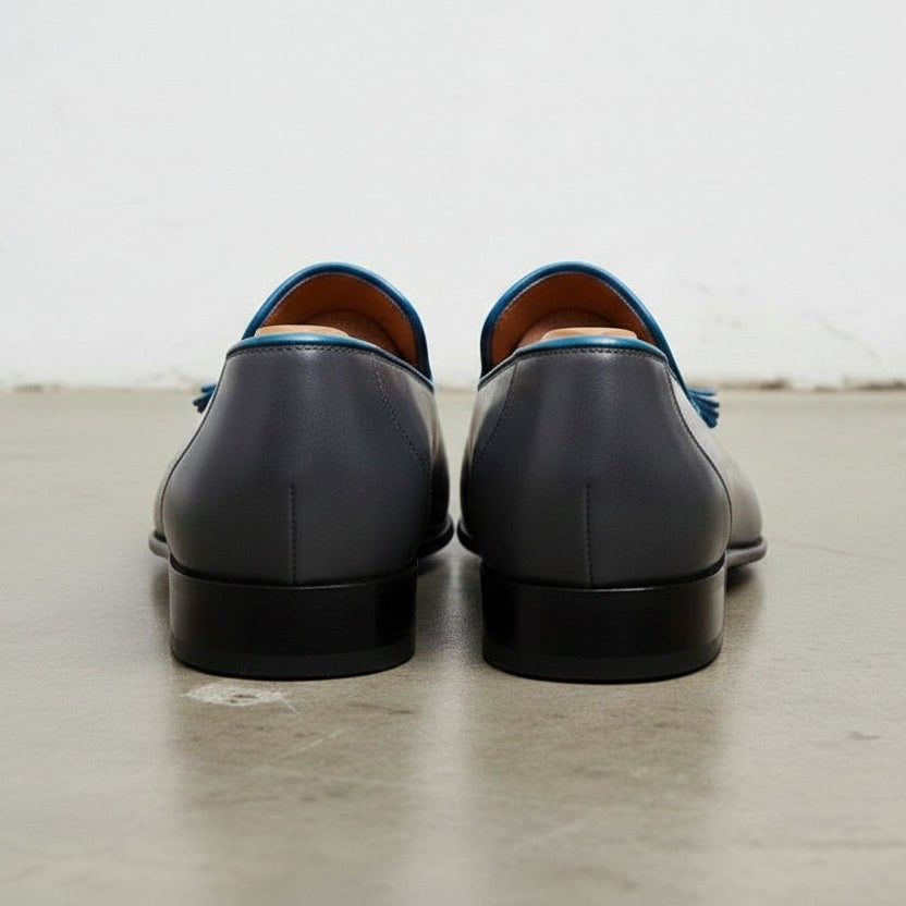 Men's Dark Grey and Blue Plain-Toe Leather Tassel Loafers — Wotton