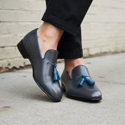 Men's Dark Grey and Blue Plain-Toe Leather Tassel Loafers — Wotton