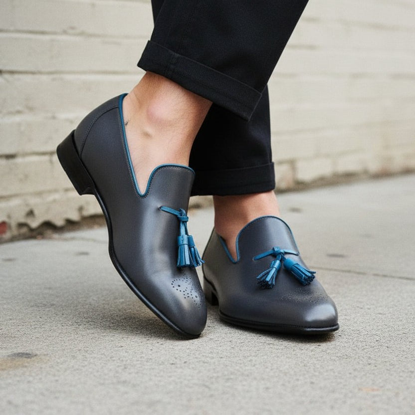 Men's Dark Grey and Blue Plain-Toe Leather Tassel Loafers — Wotton