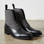 Men's Black Leather and Grey Herringbone Fabric Cap-Toe Lace-Up Balmoral Boots — Berkhamsted