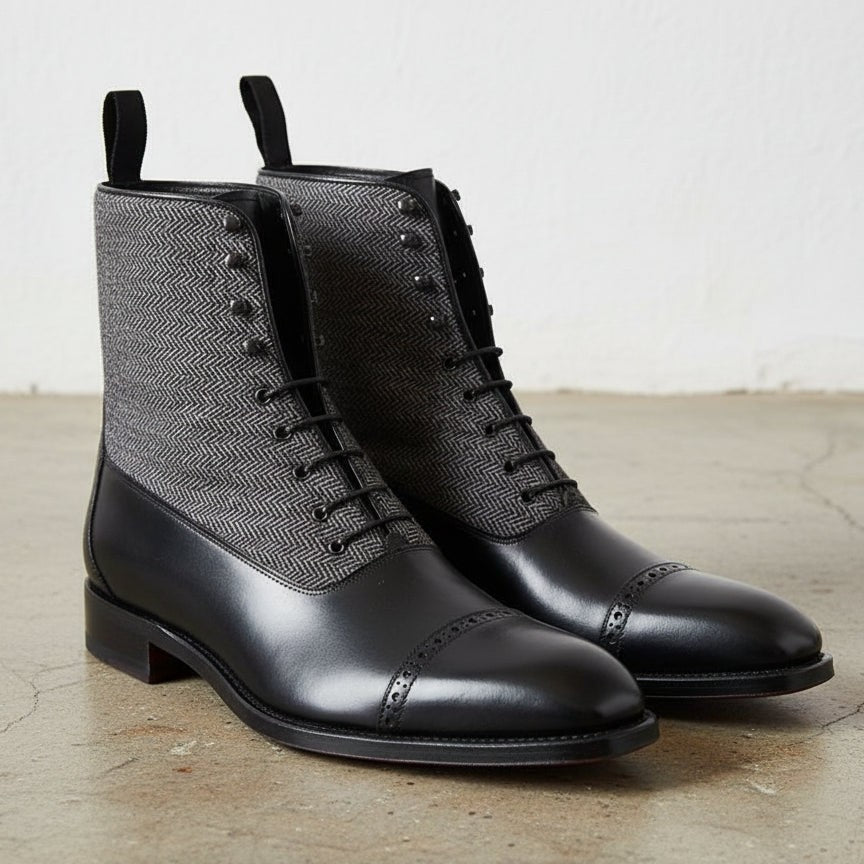 Men's Black Leather and Grey Herringbone Fabric Cap-Toe Lace-Up Balmoral Boots — Berkhamsted
