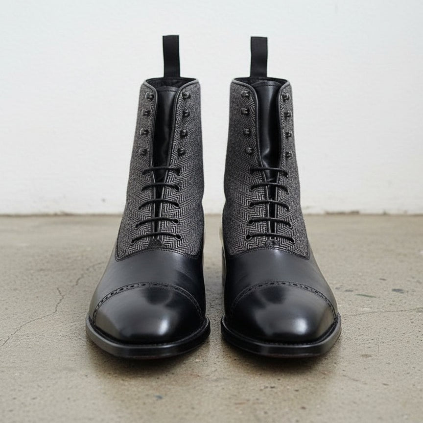 Men's Black Leather and Grey Herringbone Fabric Cap-Toe Lace-Up Balmoral Boots — Berkhamsted