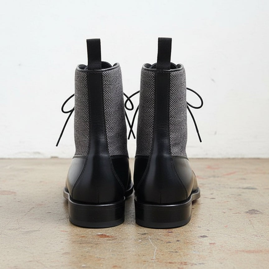 Men's Black Leather and Grey Herringbone Fabric Cap-Toe Lace-Up Balmoral Boots — Berkhamsted