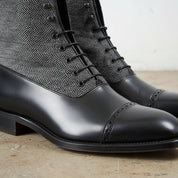 Men's Black Leather and Grey Herringbone Fabric Cap-Toe Lace-Up Balmoral Boots — Berkhamsted