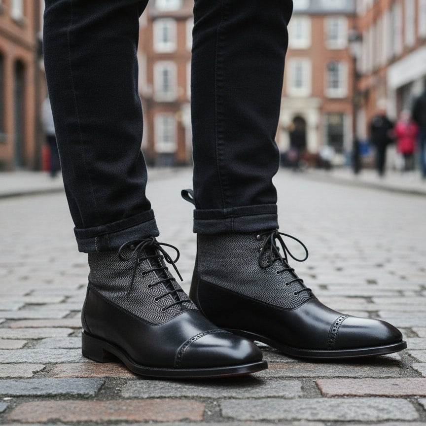 Men's Black Leather and Grey Herringbone Fabric Cap-Toe Lace-Up Balmoral Boots — Berkhamsted