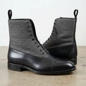 Men's Black Leather and Grey Herringbone Fabric Cap-Toe Lace-Up Balmoral Boots — Berkhamsted