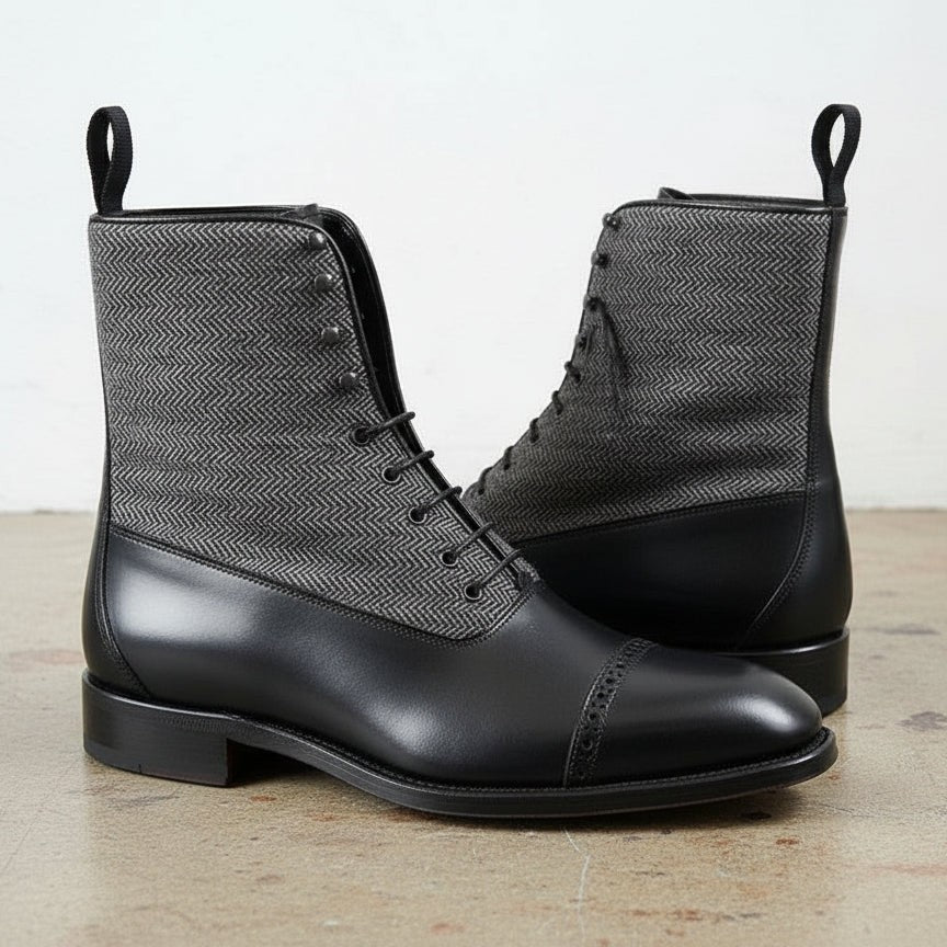Men's Black Leather and Grey Herringbone Fabric Cap-Toe Lace-Up Balmoral Boots — Berkhamsted