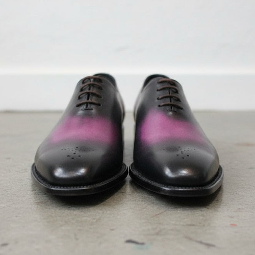 Men's Black and Magenta Medallion Toe Leather Oxfords — Arlingham