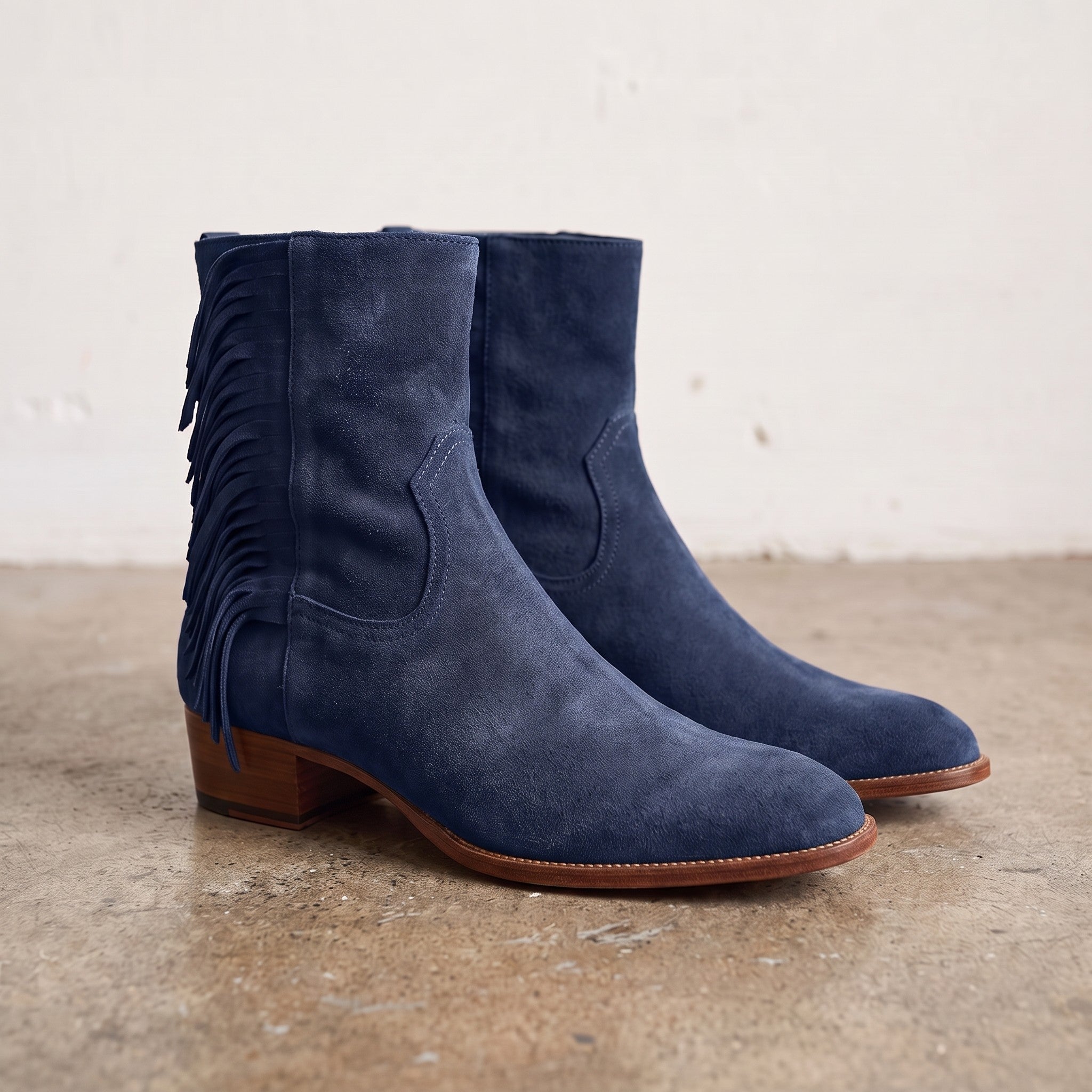 Women's Navy Blue Fringe Suede Western Boots — Crawford