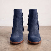 Women's Navy Blue Fringe Suede Western Boots — Crawford