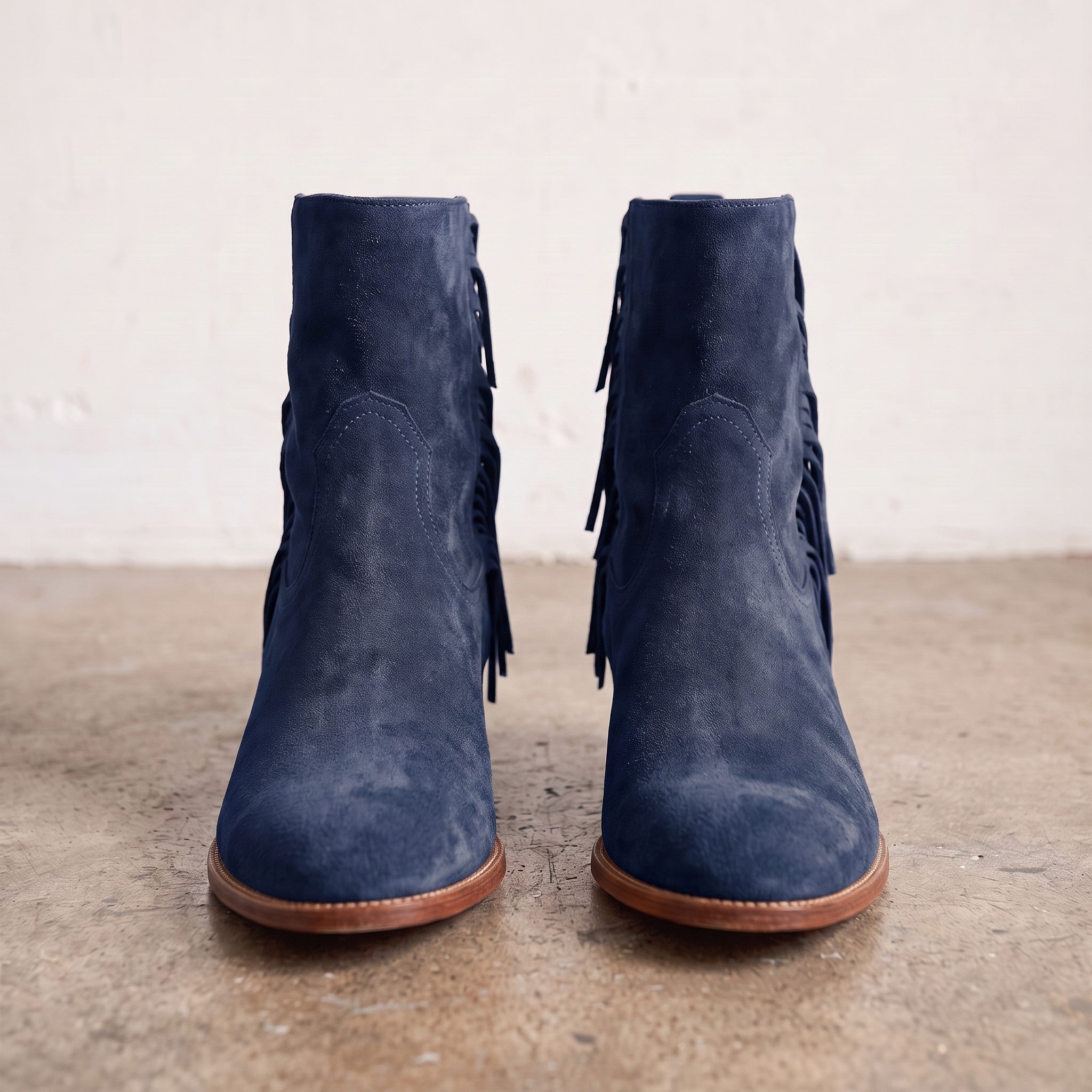 Women's Navy Blue Fringe Suede Western Boots — Crawford