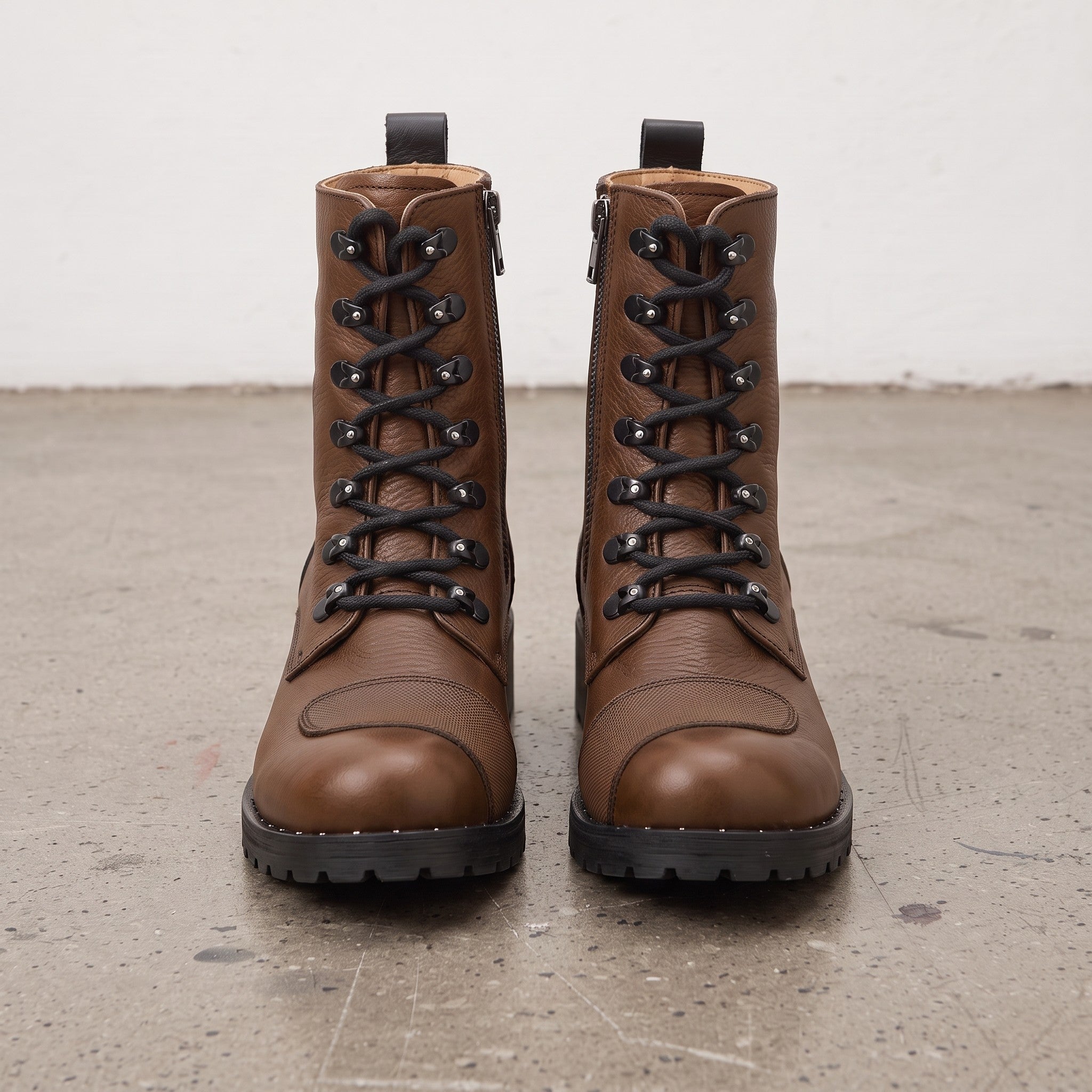 Women's Brown Cap-Toe with Shift Pad Pebbled Leather Biker Boots — Bridport