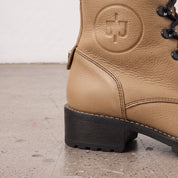 Women's Tan Cap-Toe with Shift Pad Pebbled Leather Biker Boots — Bridport