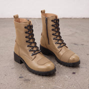 Women's Tan Cap-Toe with Shift Pad Pebbled Leather Biker Boots — Bridport